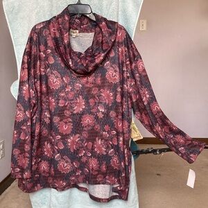 One world floral print top with pockets with bling details bohemian casual 3X
